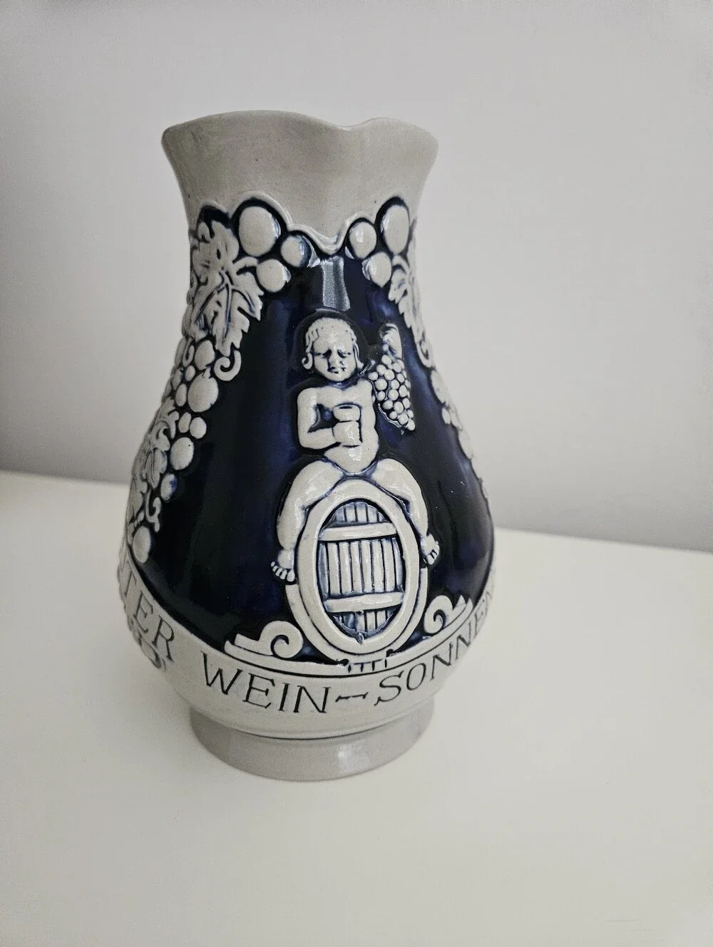 VTG German Stoneware Cobalt Blue & Gray Wine Pitcher | SZ 7
